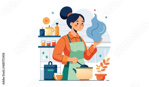 Woman cooking in kitchen with steam rising from pot illustration