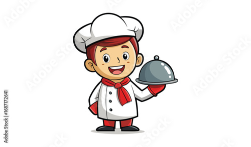 Happy cartoon chef holding a silver serving cloche with food