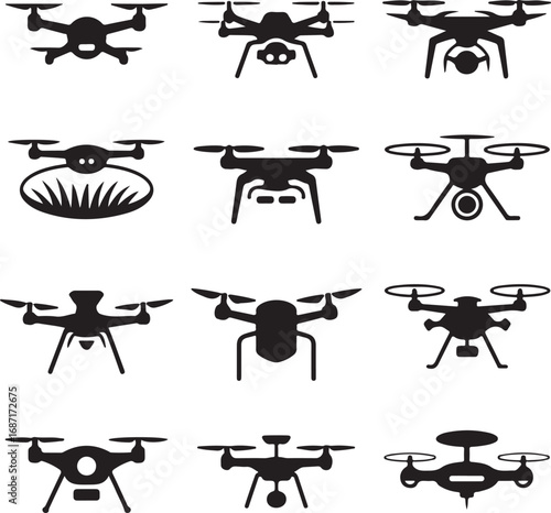 Drone Icons with Various Models and Perspectives vector illustration