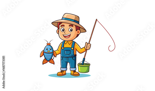 Happy cartoon fisherman holding a fish and fishing rod