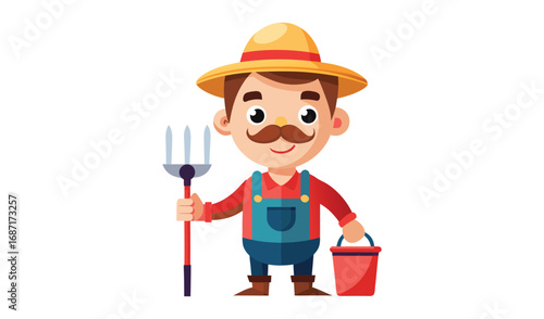 Happy cartoon farmer holding pitchfork and bucket