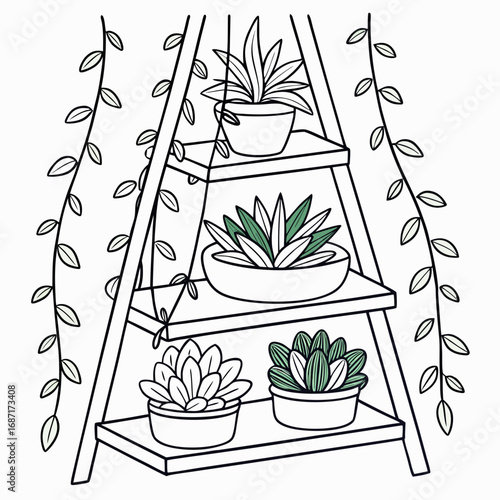 A charming line art illustration of a tiered plant stand overflowing with various potted succulents and trailing vines