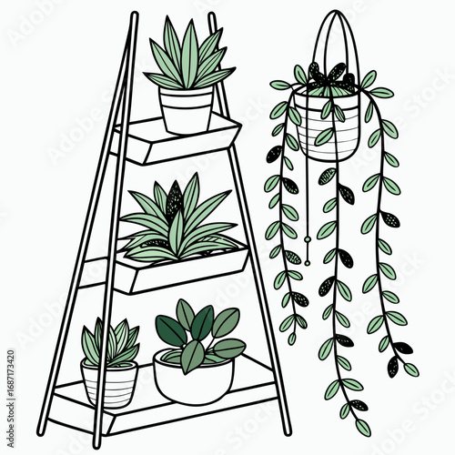 A charming illustration of various potted houseplants displayed on a tiered shelf and a hanging planter
