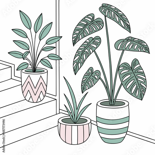 A collection of potted houseplants including a monstera plant and a sansevieria plant on a minimalist background