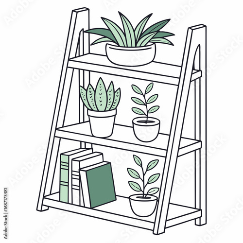 A minimalist illustration of a wooden ladder shelf filled with potted plants and books on a white background