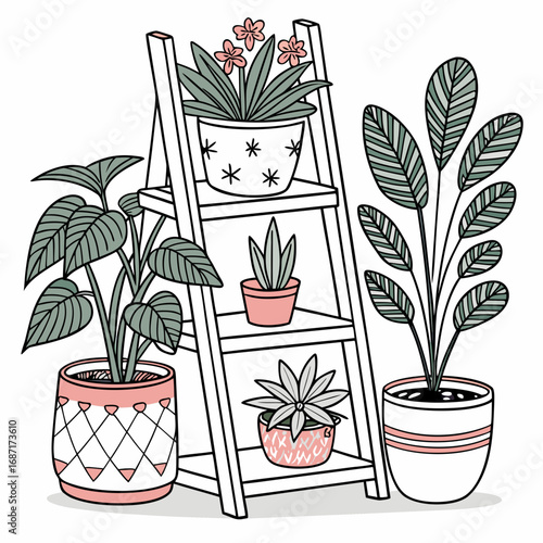 Charming illustration of potted houseplants on a white ladder shelf with decorative pots