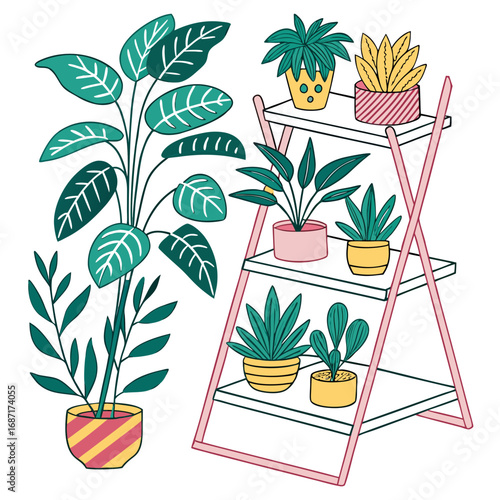 Collection of stylized potted houseplants with vibrant green leaves displayed on a pink ladder shelf