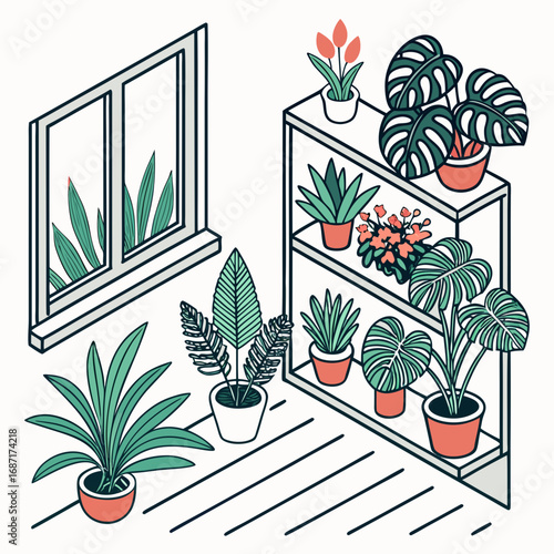 Cozy indoor plant collection displayed on a shelf and windowsill with a window view
