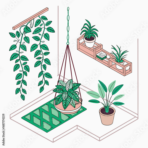 Cozy corner with various houseplants in pots and hanging planters creating a lush indoor jungle vibe