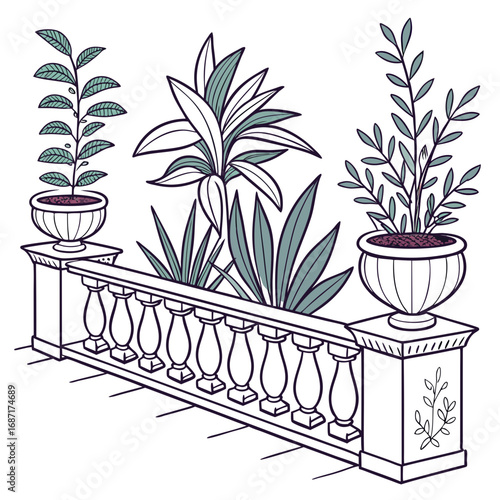 Elegant balustrade with potted plants and decorative architectural elements in a stylized drawing