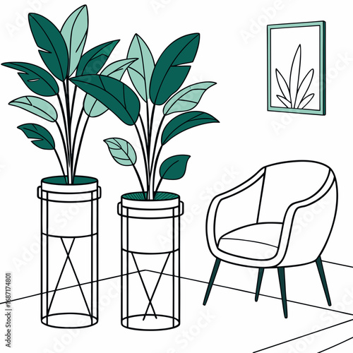 Modern minimalist interior scene featuring two potted houseplants and a comfortable armchair with wall art