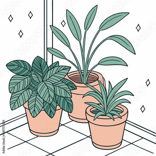 Three potted houseplants with green leaves and peach colored pots on a tiled floor near a window