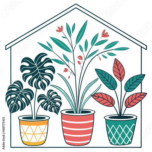 Three potted houseplants with monstera and tropical foliage inside a stylized house outline