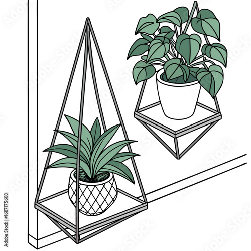 Two potted green houseplants displayed in modern geometric hanging shelves against a white background