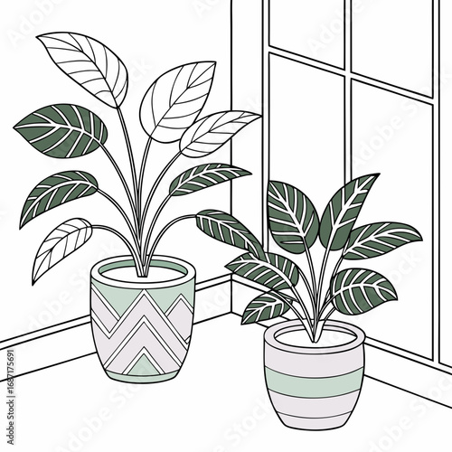 Two potted houseplants with decorative planters placed near a window in a simple line art illustration