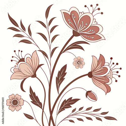 Elegant Stylized Folk Art Flower Bouquet Illustration