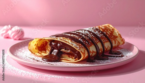 Decadent Chocolate Nutella Crepe - Studio Shot on Pink.