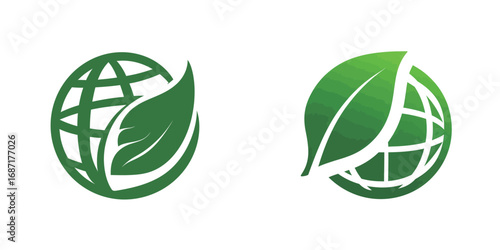 Two distinct green symbols showcasing a globe intertwined with leaves, illustrating the concept of sustainability and environmental responsibility.