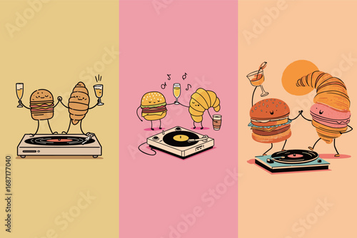 Two cheerful croissants cheer with drinks while dancing next to a record player. A playful burger joins them with music and laughter, creating a joyful, friendly atmosphere.