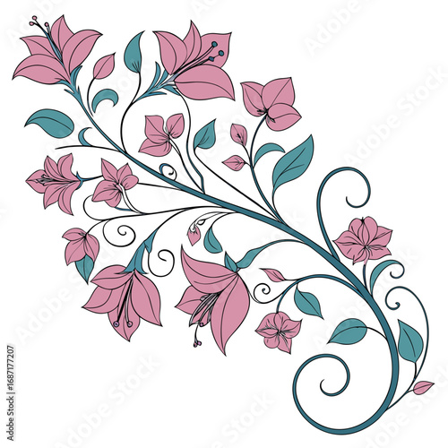 Elegant floral branch with blooming flowers and leaves