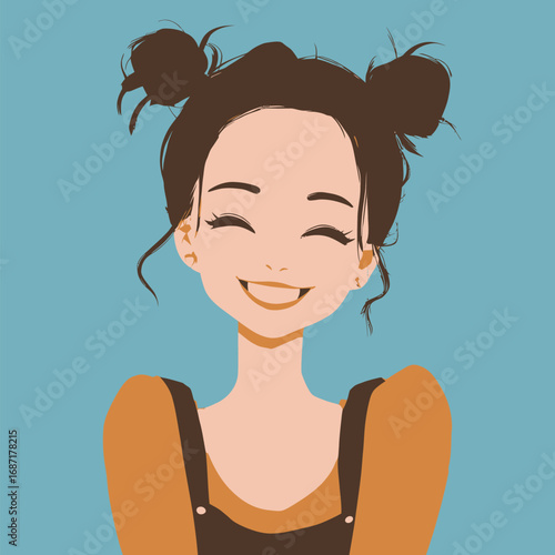 A young woman expresses happiness with a broad smile and playful hairstyle, showcasing a cheerful personality. The simple design emphasizes warmth and positivity.