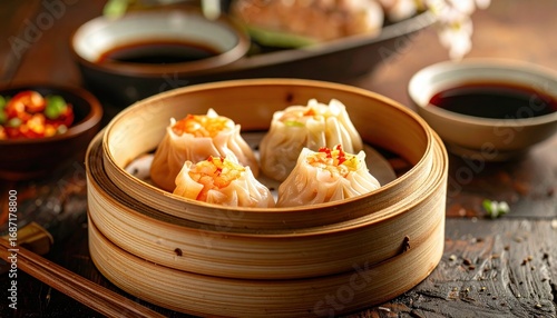 Exquisite Steaming Siu Mai Dim Sum in Bamboo Basket on Rustic Wood Table with Sauces.