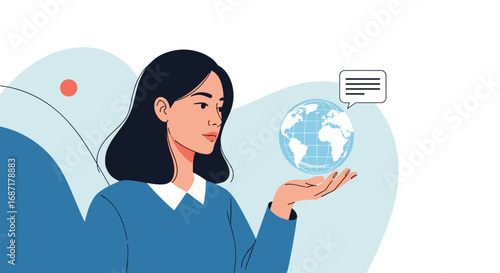 Businesswoman holding global communication network in her hand, digital world connecting people now