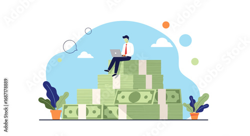 Achieve financial freedom, work from a pile of cash, online business success and wealth concept
