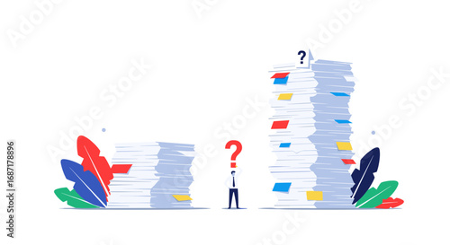 Overwhelmed professional faces paperwork mountain, searching for answers in document overload