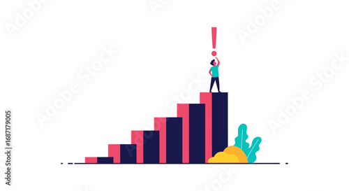 Man reaches business success holding exclamation point atop bar chart in vibrant modern style