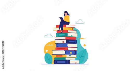 Young woman enjoys reading while sitting atop a colorful stack of books in a whimsical scene