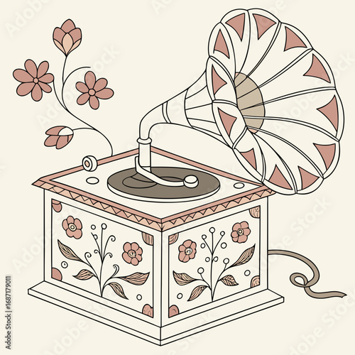 Vintage Gramophone with Floral Pattern Illustration