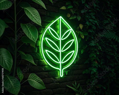 Eco-friendly leaf symbol glowing in vibrant neon green against a lush, plant-covered wall