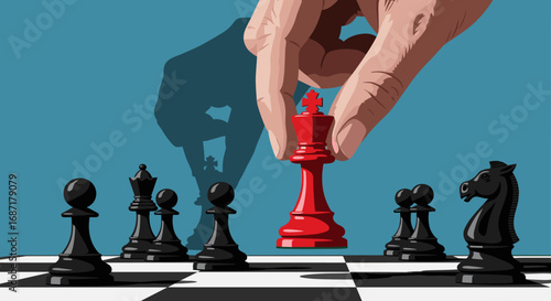 Strategic chess move with a red king shows powerful leadership and decision making in business strategy