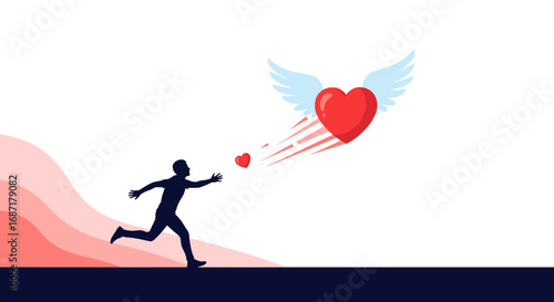 Man running to catch flying heart, pursuing love with passion and determination, chasing dreams