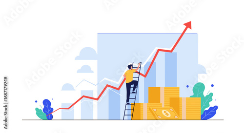 Ambitious businessman climbs ladder to achieve financial success in a vibrant and modern economy