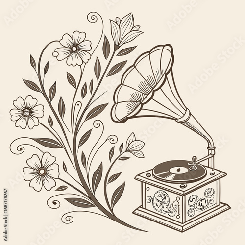 Nostalgic Musical Concept with Floral Gramophone