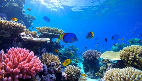 Fototapeta Naklejka Na Ścianę i Meble -  Vibrant coral reef teeming with life under a sunlit ocean