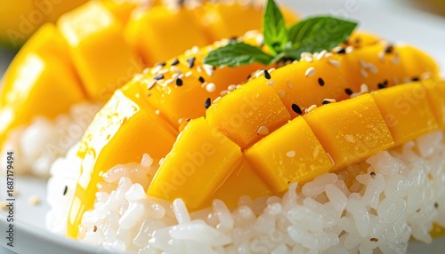 Golden Mango Sticky Rice - Close-up of Sweet Thai Dessert.