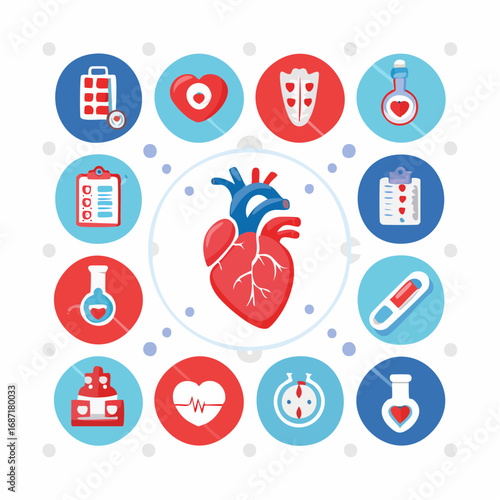 Flat vector icon set of the human cardiovascular system, featuring 16 minimal designs: heart, aorta, veins, arteries, capillaries, pulse symbol, stethoscope with heart, and blood pressure gauge