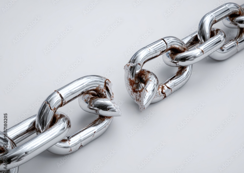 Fototapeta premium Broken metal chain link against a plain background