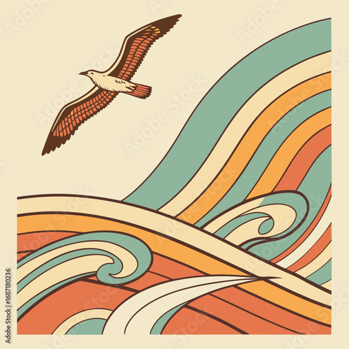 Stylized Gull Soaring Above Retro Waves