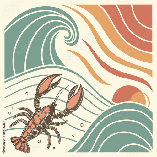Retro Ocean Lobster Sunset Illustration
