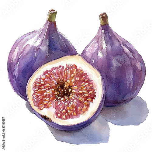 Fig, watercolor painting vector, isolated on a white background.