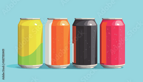 A lineup of four distinct beverage cans is displayed on a light blue background. Each can represents a different flavor and design, inviting curiosity and refreshment.