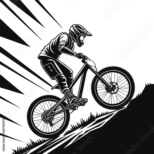 Black and white illustration of a mountain biker riding down a steep slope with speed lines.