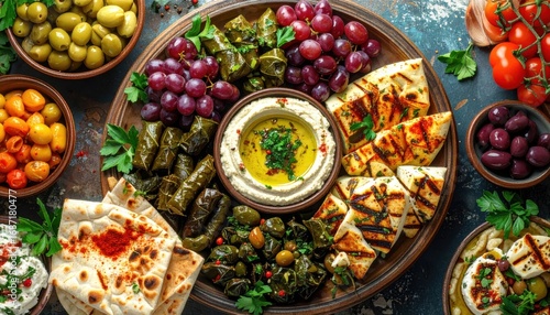Mediterranean Mezze Platter - Hummus, Grapes, Olives, Grilled Bread, and Stuffed Grape Leaves.