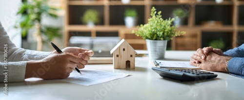 The wooden house model on desk during real estate contract signing meeting