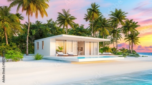 Luxury tropical villa on a white sand beach at sunset offering tranquil escape