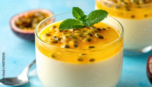 Refreshing Passion Fruit Panna Cotta Dessert with Mint Garnish and Half Fruit.